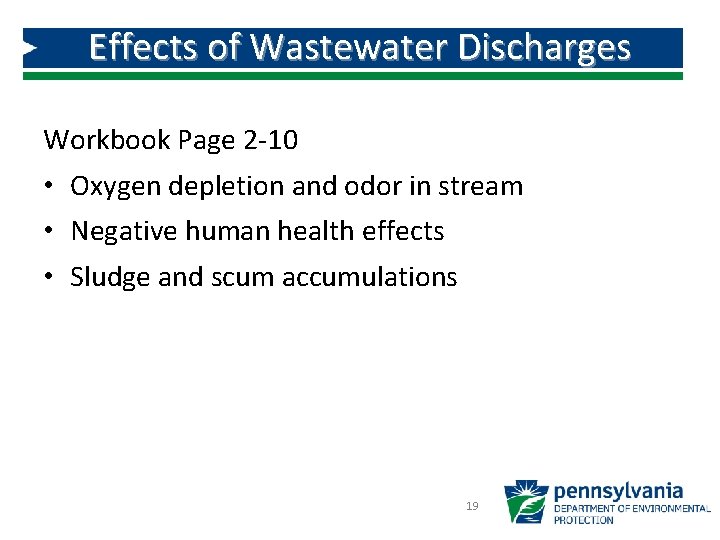 Effects of Wastewater Discharges Workbook Page 2 -10 • Oxygen depletion and odor in