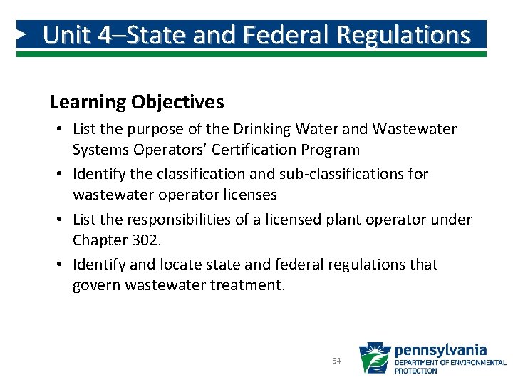 Unit 4–State and Federal Regulations Learning Objectives • List the purpose of the Drinking