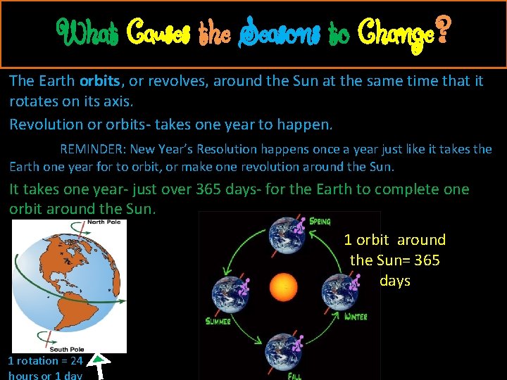 What Causes the Seasons to Change? The Earth orbits, or revolves, around the Sun