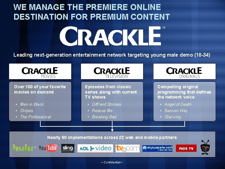 WE MANAGE THE PREMIERE ONLINE DESTINATION FOR PREMIUM CONTENT Leading next-generation entertainment network targeting WE MANAGE THE PREMIERE ONLINE DESTINATION FOR PREMIUM CONTENT Leading next-generation entertainment network targeting