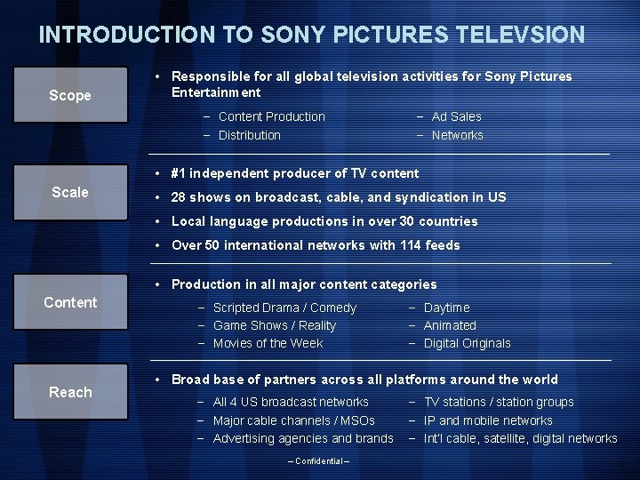 INTRODUCTION TO SONY PICTURES TELEVSION Scope • Responsible for all global television activities for INTRODUCTION TO SONY PICTURES TELEVSION Scope • Responsible for all global television activities for