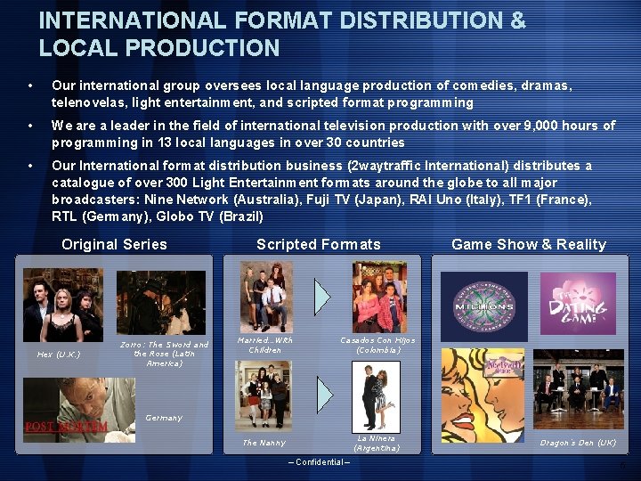 INTERNATIONAL FORMAT DISTRIBUTION & LOCAL PRODUCTION • Our international group oversees local language production INTERNATIONAL FORMAT DISTRIBUTION & LOCAL PRODUCTION • Our international group oversees local language production