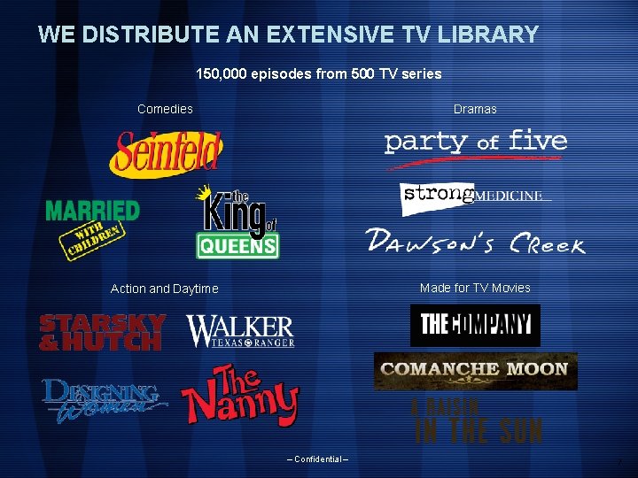 WE DISTRIBUTE AN EXTENSIVE TV LIBRARY 150, 000 episodes from 500 TV series Comedies WE DISTRIBUTE AN EXTENSIVE TV LIBRARY 150, 000 episodes from 500 TV series Comedies