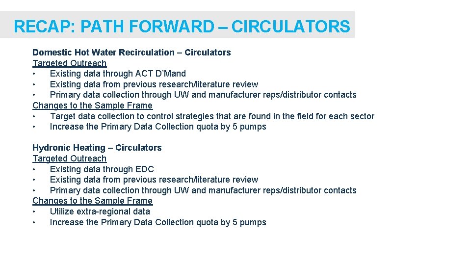 RECAP: PATH FORWARD – CIRCULATORS Domestic Hot Water Recirculation – Circulators Targeted Outreach •