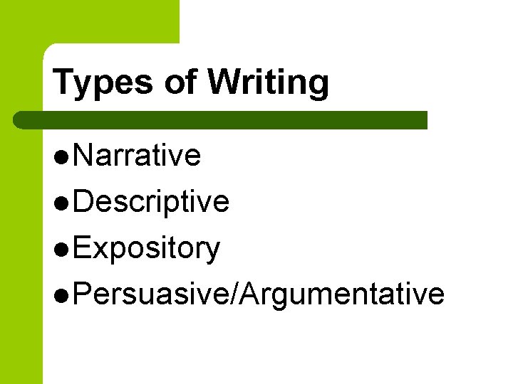 Types of Writing l Narrative l Descriptive l Expository l Persuasive/Argumentative 