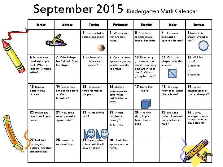 September 2015 Kindergarten Math Calendar Sunday Monday Tuesday Wednesday Thursday Friday Saturday 1 Is