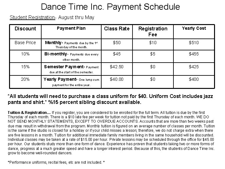 Dance Time Inc. Payment Schedule Student Registration- August thru May Discount Payment Plan Class