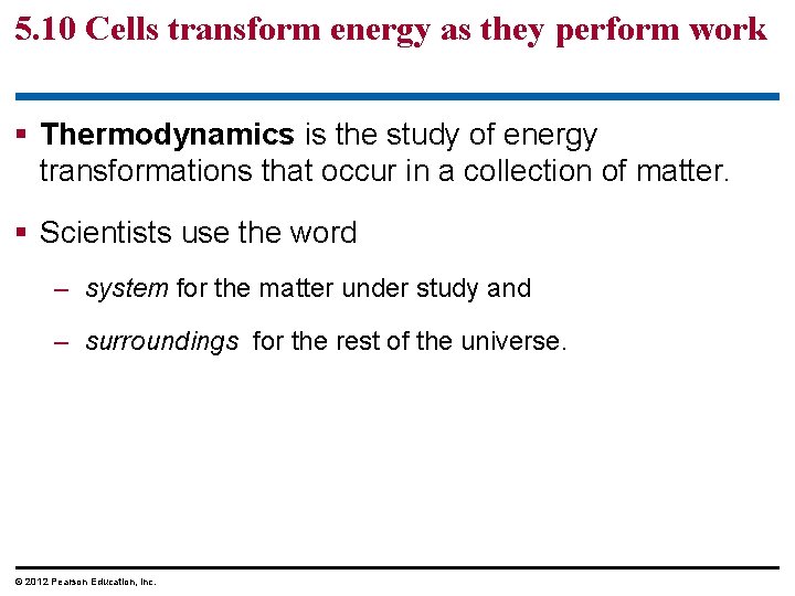 5. 10 Cells transform energy as they perform work § Thermodynamics is the study