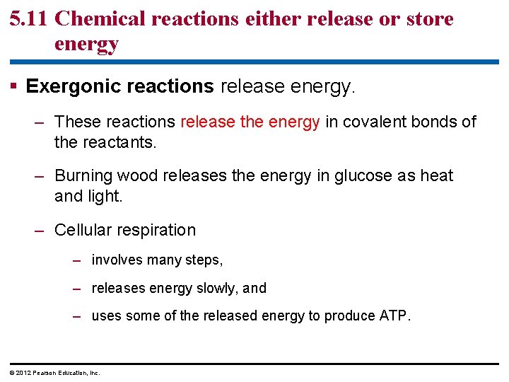 5. 11 Chemical reactions either release or store energy § Exergonic reactions release energy.