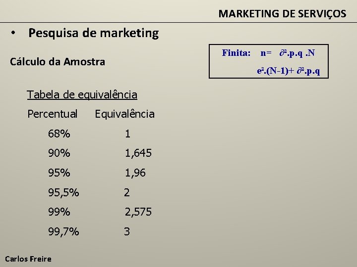 MARKETING DE SERVIÇOS • Pesquisa de marketing Finita: Cálculo da Amostra e². (N-1)+ ∂².