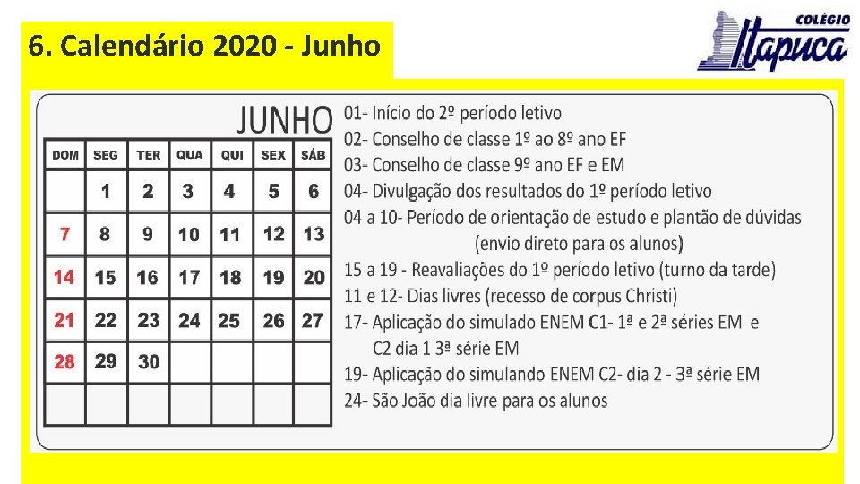 6. Calendário 2020 - Junho 