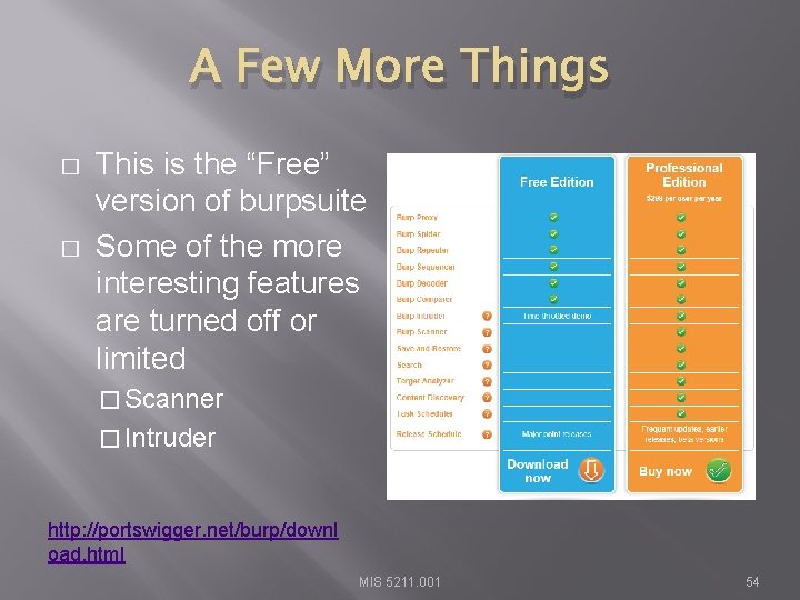 A Few More Things � � This is the “Free” version of burpsuite Some