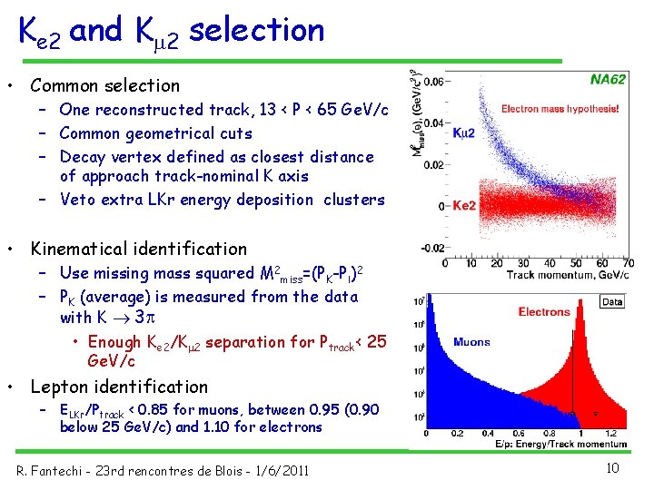 Ke 2 and Km 2 selection • Common selection – One reconstructed track, 13