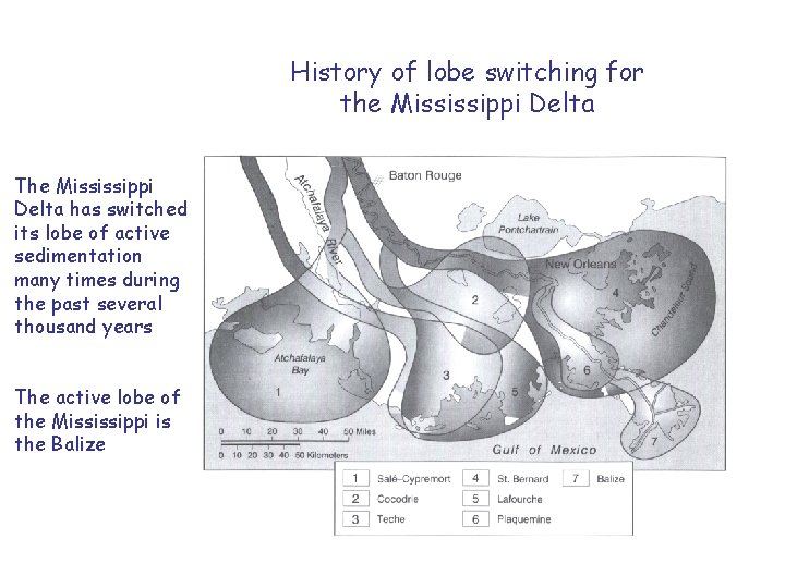 History of lobe switching for the Mississippi Delta The Mississippi Delta has switched its