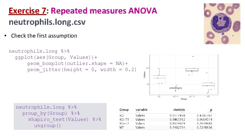 Exercise 7: Repeated measures ANOVA neutrophils. long. csv • Check the first assumption neutrophils. Exercise 7: Repeated measures ANOVA neutrophils. long. csv • Check the first assumption neutrophils.