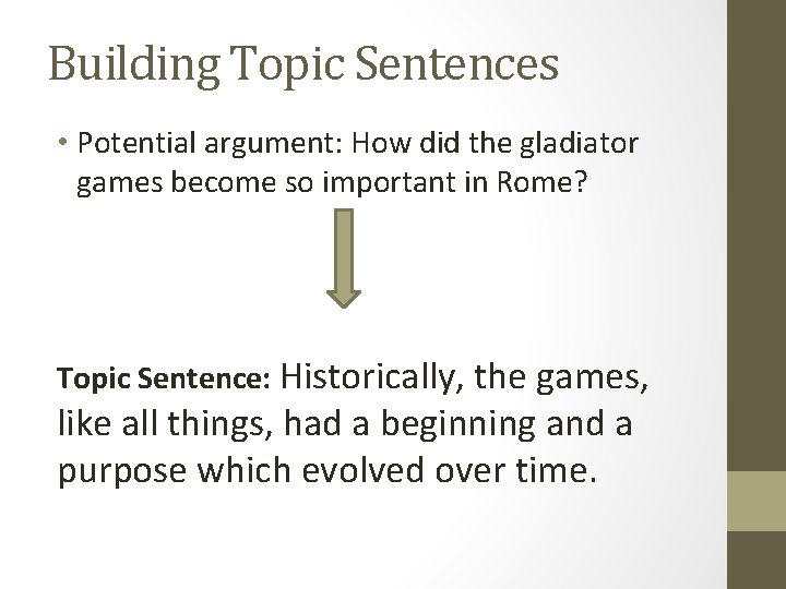 Building Topic Sentences • Potential argument: How did the gladiator games become so important