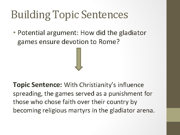 Building Topic Sentences • Potential argument: How did the gladiator games ensure devotion to