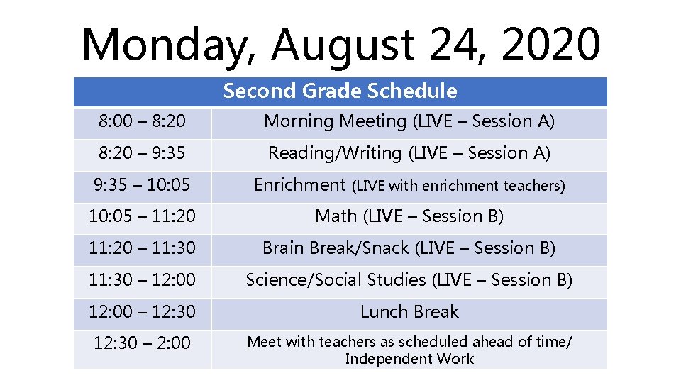 Monday, August 24, 2020 Second Grade Schedule 8: 00 – 8: 20 Morning Meeting Monday, August 24, 2020 Second Grade Schedule 8: 00 – 8: 20 Morning Meeting