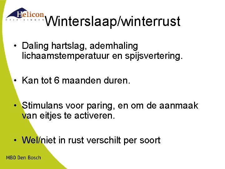 Winterslaap/winterrust • Daling hartslag, ademhaling lichaamstemperatuur en spijsvertering. • Kan tot 6 maanden duren.