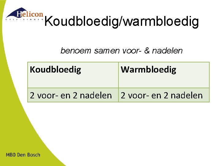 Koudbloedig/warmbloedig benoem samen voor- & nadelen Koudbloedig Warmbloedig 2 voor- en 2 nadelen 