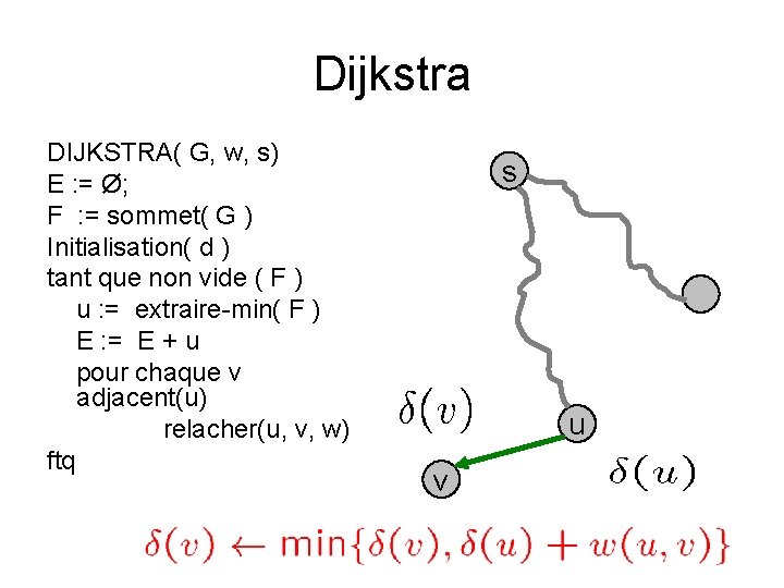 Dijkstra DIJKSTRA( G, w, s) E : = Ø; F : = sommet( G
