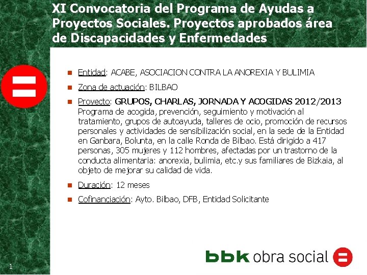 XI Convocatoria del Programa de Ayudas a Proyectos Sociales. Proyectos aprobados área de Discapacidades