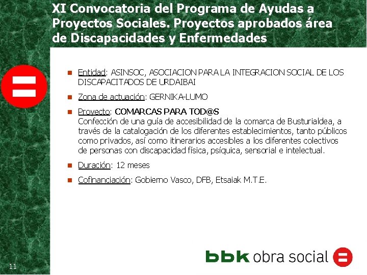 XI Convocatoria del Programa de Ayudas a Proyectos Sociales. Proyectos aprobados área de Discapacidades