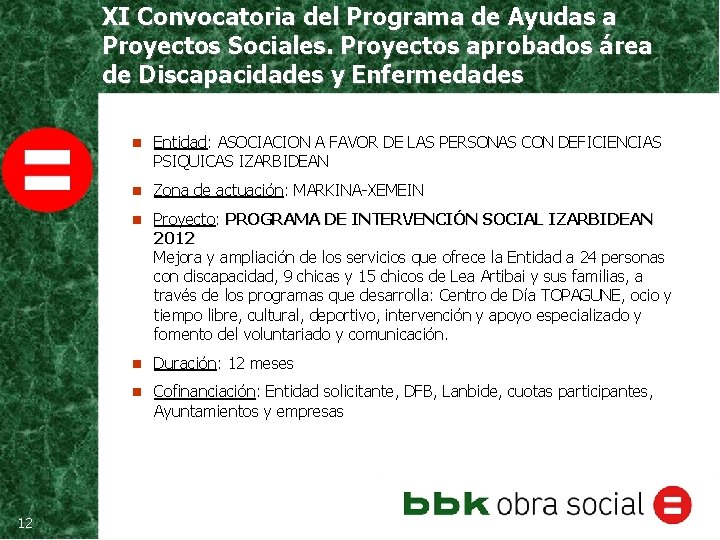 XI Convocatoria del Programa de Ayudas a Proyectos Sociales. Proyectos aprobados área de Discapacidades