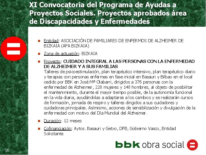 XI Convocatoria del Programa de Ayudas a Proyectos Sociales. Proyectos aprobados área de Discapacidades