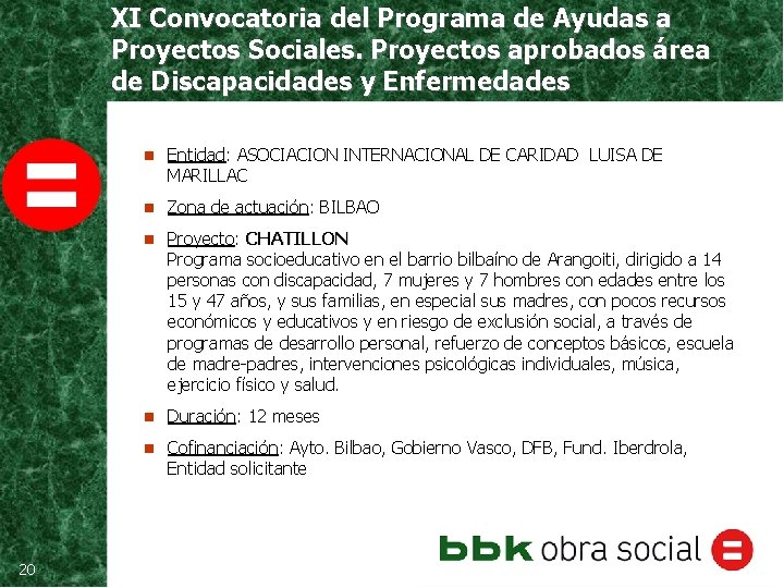 XI Convocatoria del Programa de Ayudas a Proyectos Sociales. Proyectos aprobados área de Discapacidades