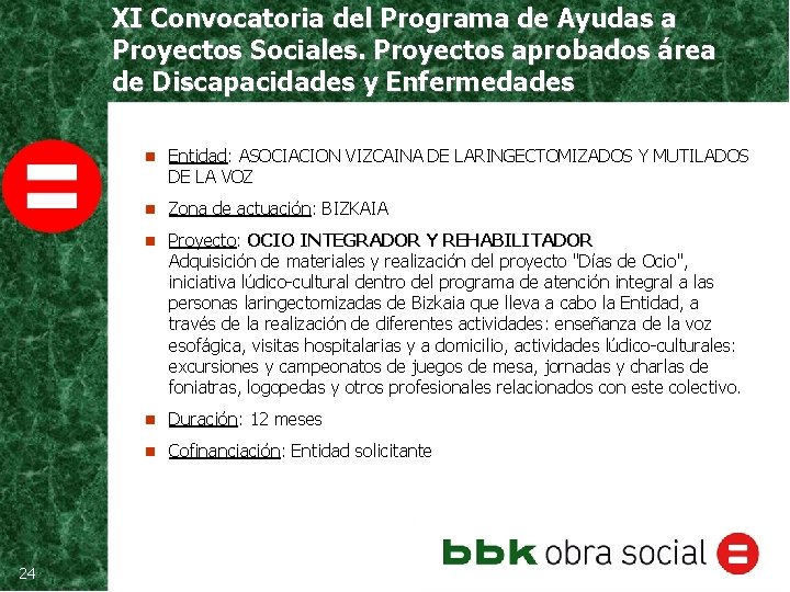 XI Convocatoria del Programa de Ayudas a Proyectos Sociales. Proyectos aprobados área de Discapacidades