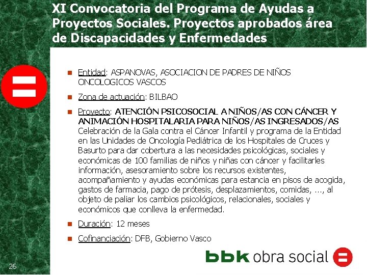 XI Convocatoria del Programa de Ayudas a Proyectos Sociales. Proyectos aprobados área de Discapacidades