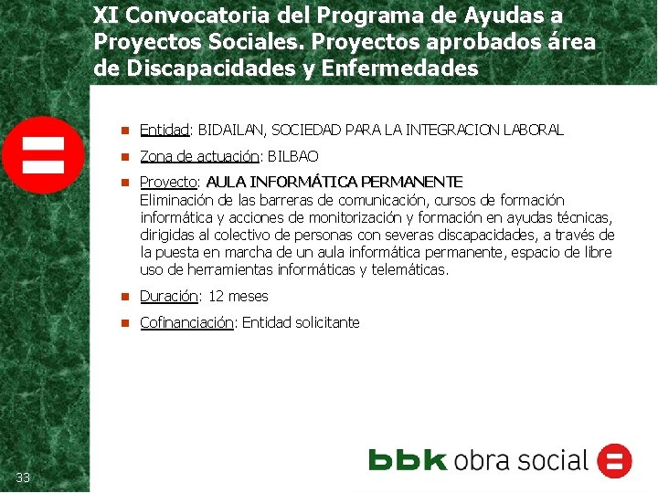 XI Convocatoria del Programa de Ayudas a Proyectos Sociales. Proyectos aprobados área de Discapacidades