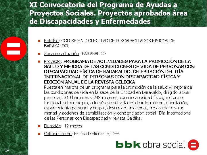 XI Convocatoria del Programa de Ayudas a Proyectos Sociales. Proyectos aprobados área de Discapacidades