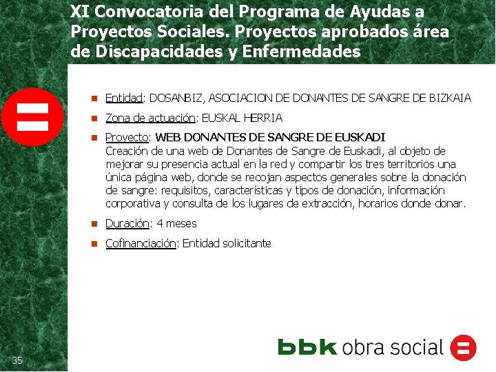 XI Convocatoria del Programa de Ayudas a Proyectos Sociales. Proyectos aprobados área de Discapacidades