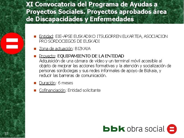 XI Convocatoria del Programa de Ayudas a Proyectos Sociales. Proyectos aprobados área de Discapacidades