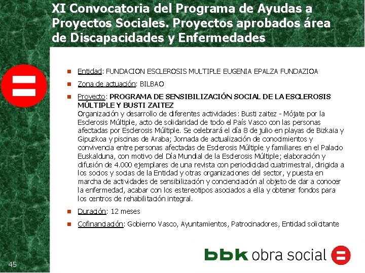 XI Convocatoria del Programa de Ayudas a Proyectos Sociales. Proyectos aprobados área de Discapacidades