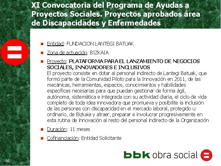 XI Convocatoria del Programa de Ayudas a Proyectos Sociales. Proyectos aprobados área de Discapacidades