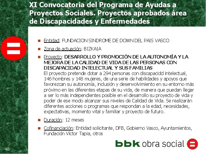 XI Convocatoria del Programa de Ayudas a Proyectos Sociales. Proyectos aprobados área de Discapacidades