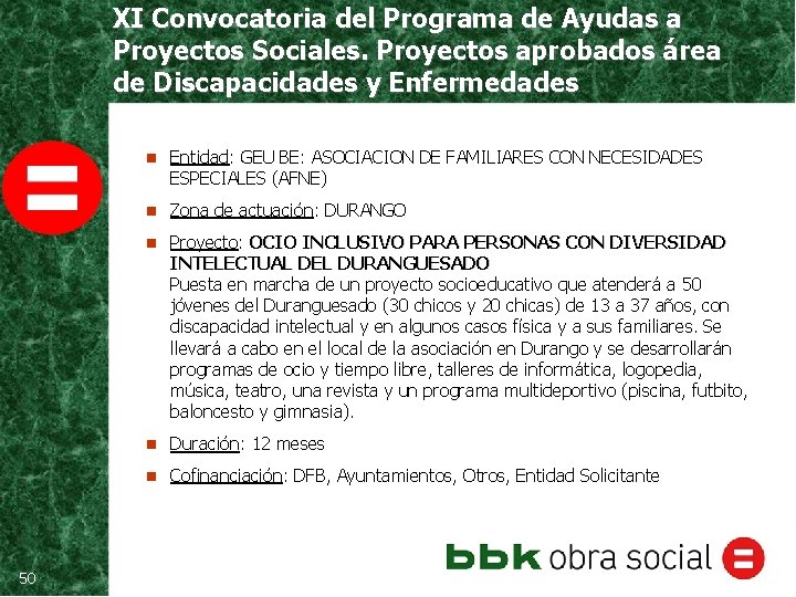 XI Convocatoria del Programa de Ayudas a Proyectos Sociales. Proyectos aprobados área de Discapacidades