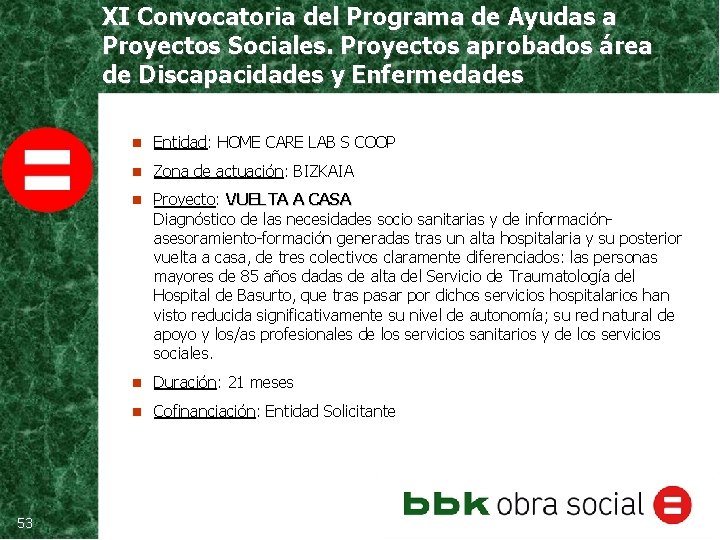 XI Convocatoria del Programa de Ayudas a Proyectos Sociales. Proyectos aprobados área de Discapacidades