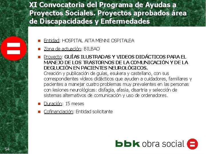 XI Convocatoria del Programa de Ayudas a Proyectos Sociales. Proyectos aprobados área de Discapacidades