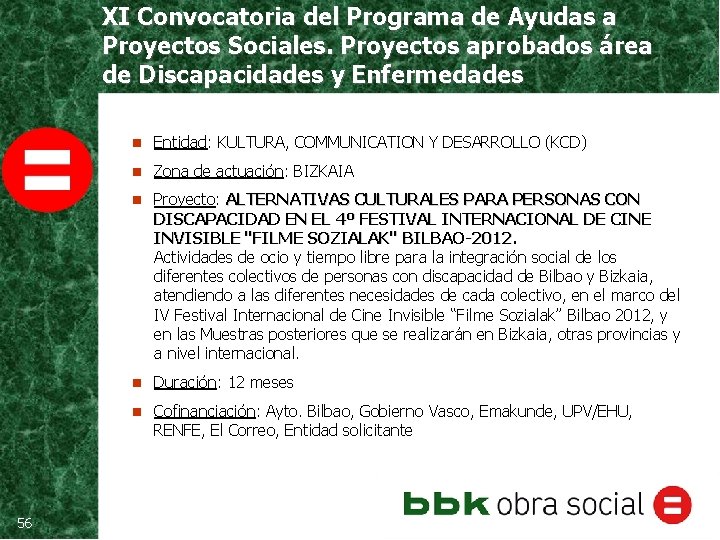 XI Convocatoria del Programa de Ayudas a Proyectos Sociales. Proyectos aprobados área de Discapacidades