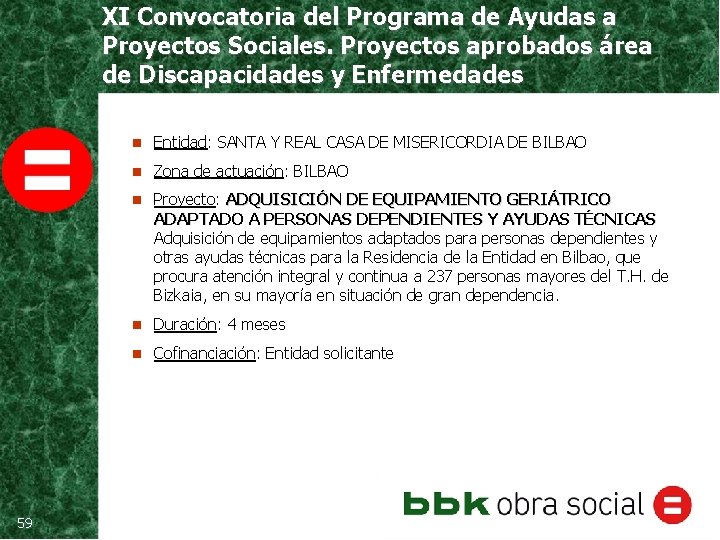 XI Convocatoria del Programa de Ayudas a Proyectos Sociales. Proyectos aprobados área de Discapacidades