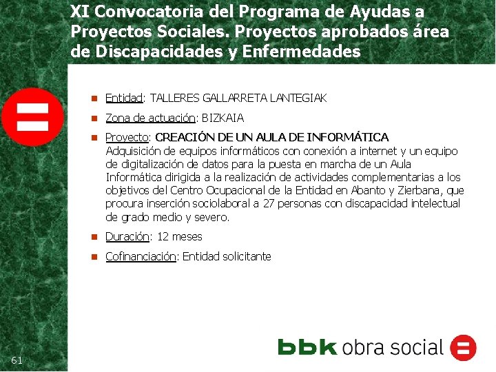 XI Convocatoria del Programa de Ayudas a Proyectos Sociales. Proyectos aprobados área de Discapacidades