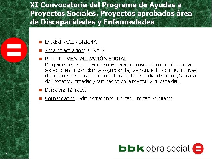 XI Convocatoria del Programa de Ayudas a Proyectos Sociales. Proyectos aprobados área de Discapacidades