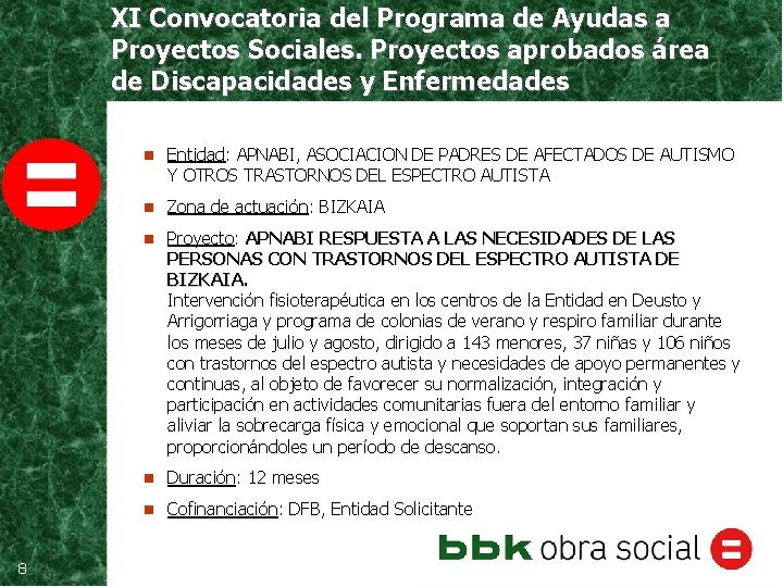 XI Convocatoria del Programa de Ayudas a Proyectos Sociales. Proyectos aprobados área de Discapacidades