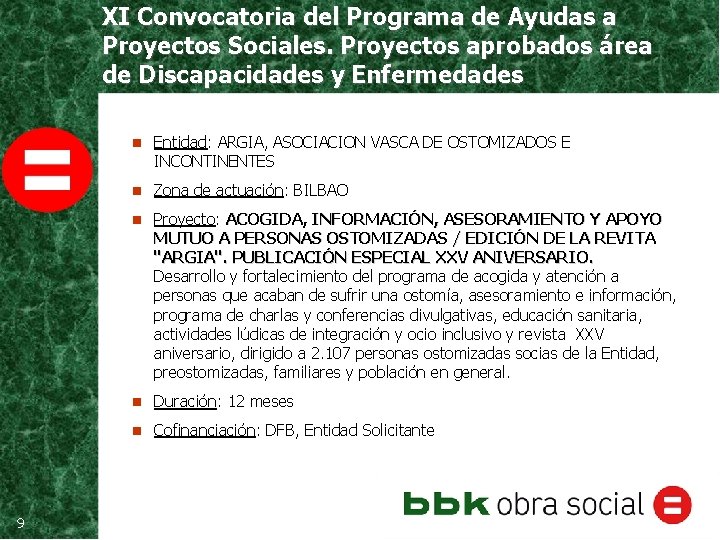 XI Convocatoria del Programa de Ayudas a Proyectos Sociales. Proyectos aprobados área de Discapacidades