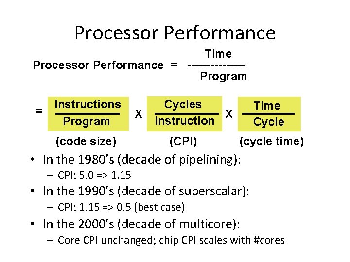 Processor Performance Time Processor Performance = -------Program = Instructions Program (code size) X Cycles