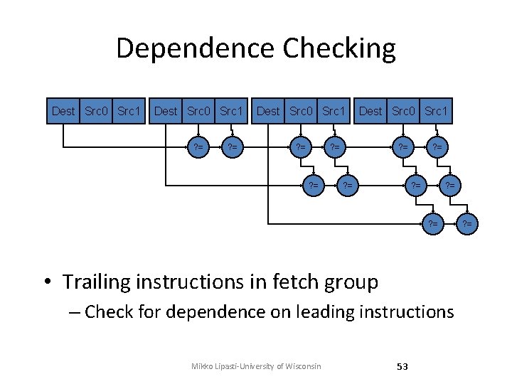 Dependence Checking Dest Src 0 Src 1 ? = ? = ? = •